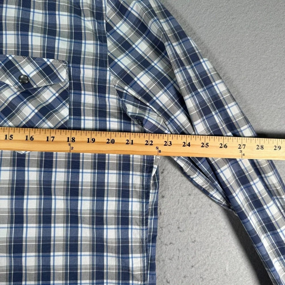 Banana Republic Pearl Snap Shirt‎ Mens Large Blue Plaid Flap Pockets Comfort
